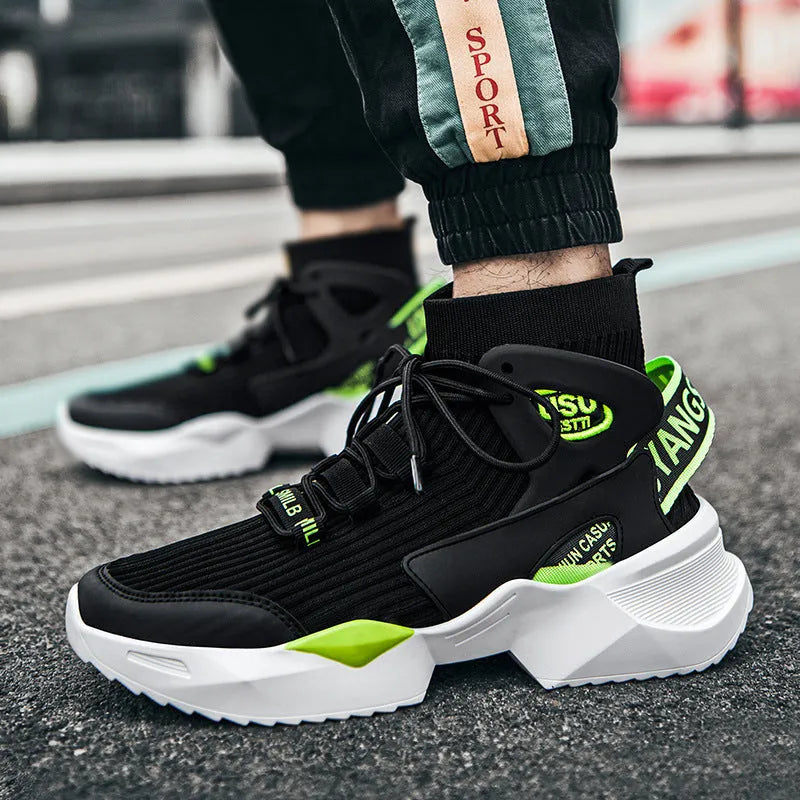 Flying knit socks basketball shoes in black, green and white with breathable mesh and plastic platform sole, sizes 36-44