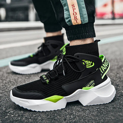 Flying knit socks basketball shoes in black, green and white with breathable mesh and plastic platform sole, sizes 36-44