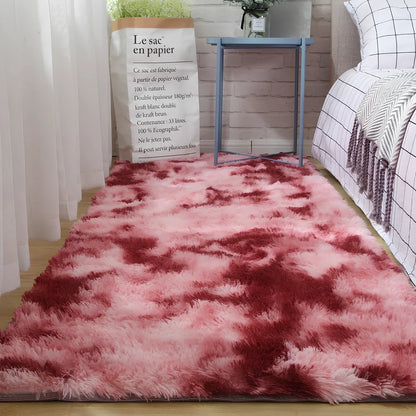 Tie-dyed variegated silk wool carpet floor mat showing organic colour patterns with polyester fibre suede backing