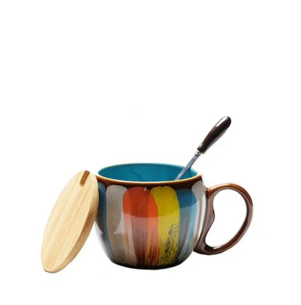 Handmade ceramic coffee mug with lid and spoon in vibrant colors, 350ml capacity