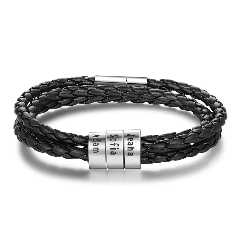 Personalized men's braided leather bracelet with stainless steel beads and custom name charm