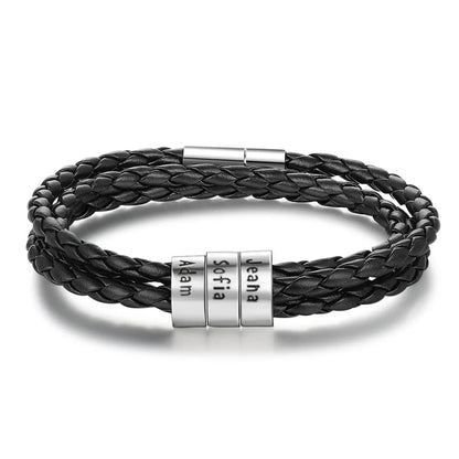 Personalized men's braided leather bracelet with stainless steel beads and custom name charm