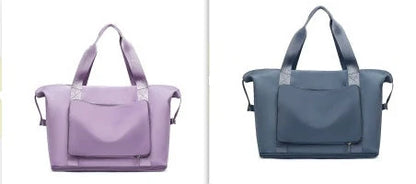 Roomy and foldable gym bag for women with waterproof Oxford fabric, multiple pockets, and wet/dry separation compartment