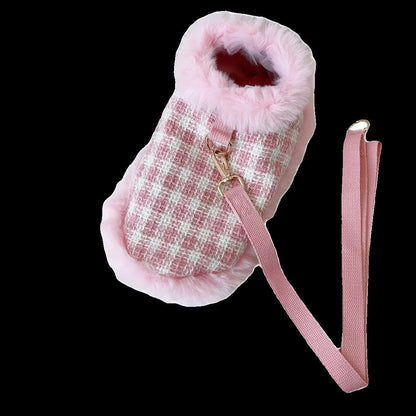 Pink cat costume set with beret and cape featuring hand holding rope design