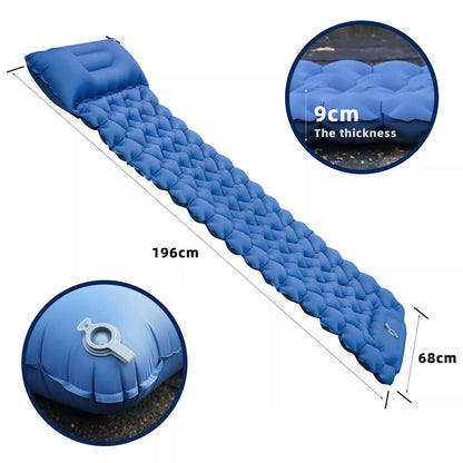 Portable inflatable camping cushion with built-in foot pump in various colors