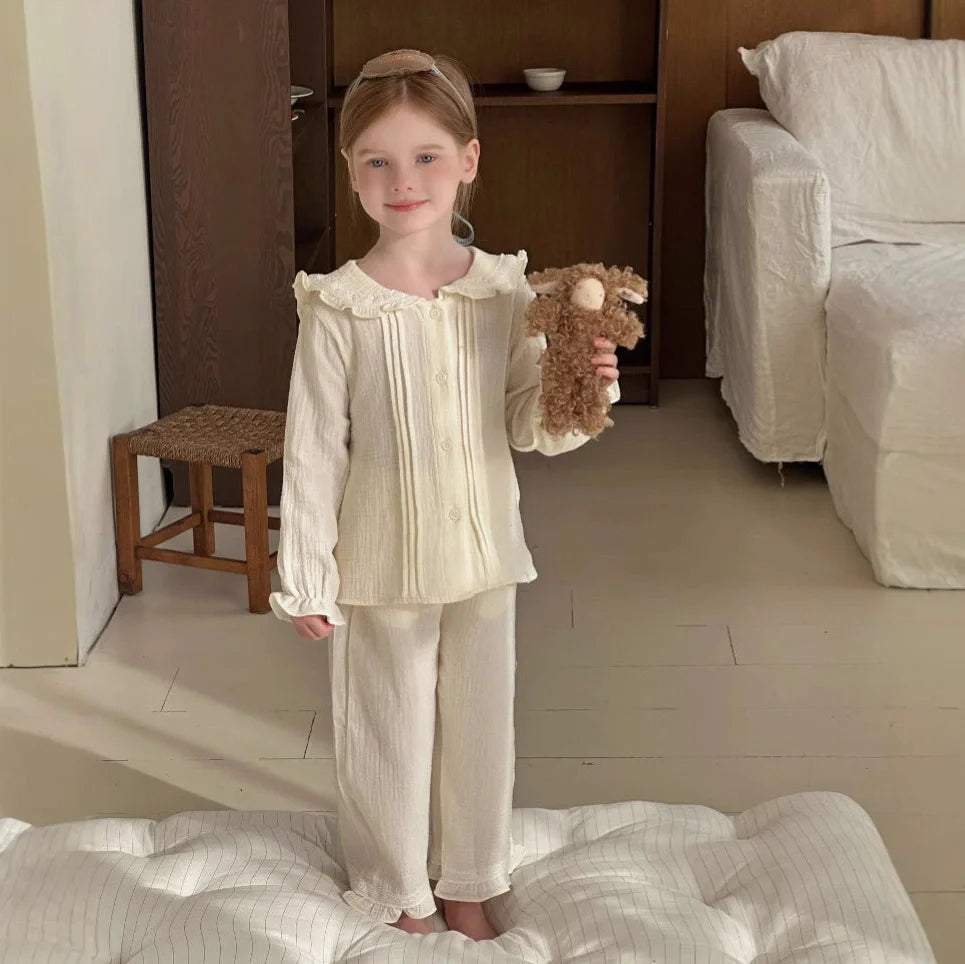 Girls' long sleeve two-piece home wear set in cotton gauze fabric with solid colour design