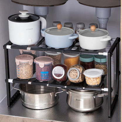 White retractable kitchen shelf with two tiers and adjustable length from 36cm to 70cm