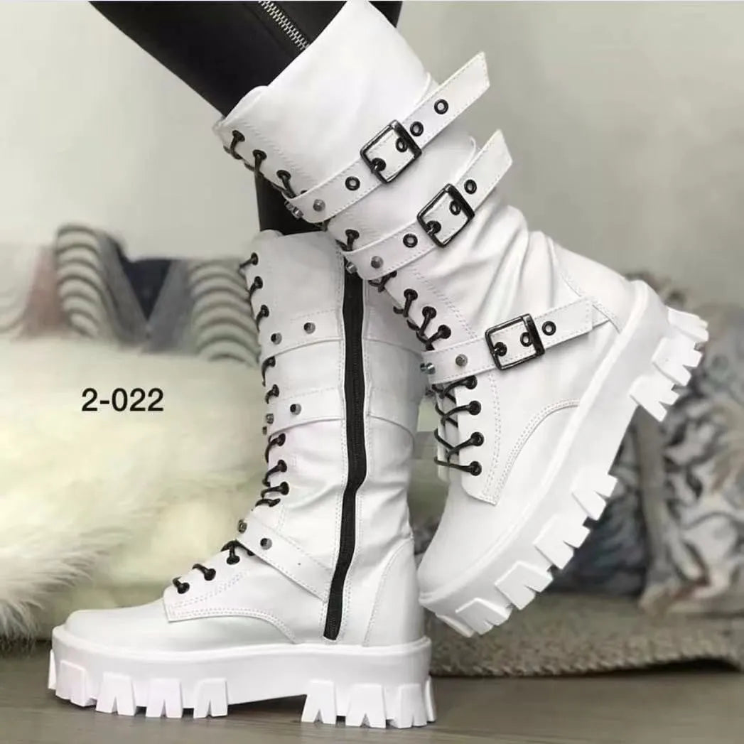 Women's black mid-calf knight boots with side zipper and metal buckle details