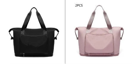 Roomy and foldable gym bag for women with waterproof Oxford fabric, multiple pockets, and wet/dry separation compartment