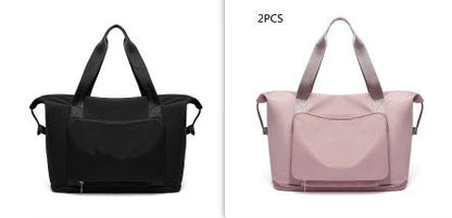 Roomy and foldable gym bag for women with waterproof Oxford fabric, multiple pockets, and wet/dry separation compartment