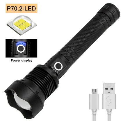 Black aluminium USB rechargeable flashlight with telescopic zoom, showing extended and retracted positions