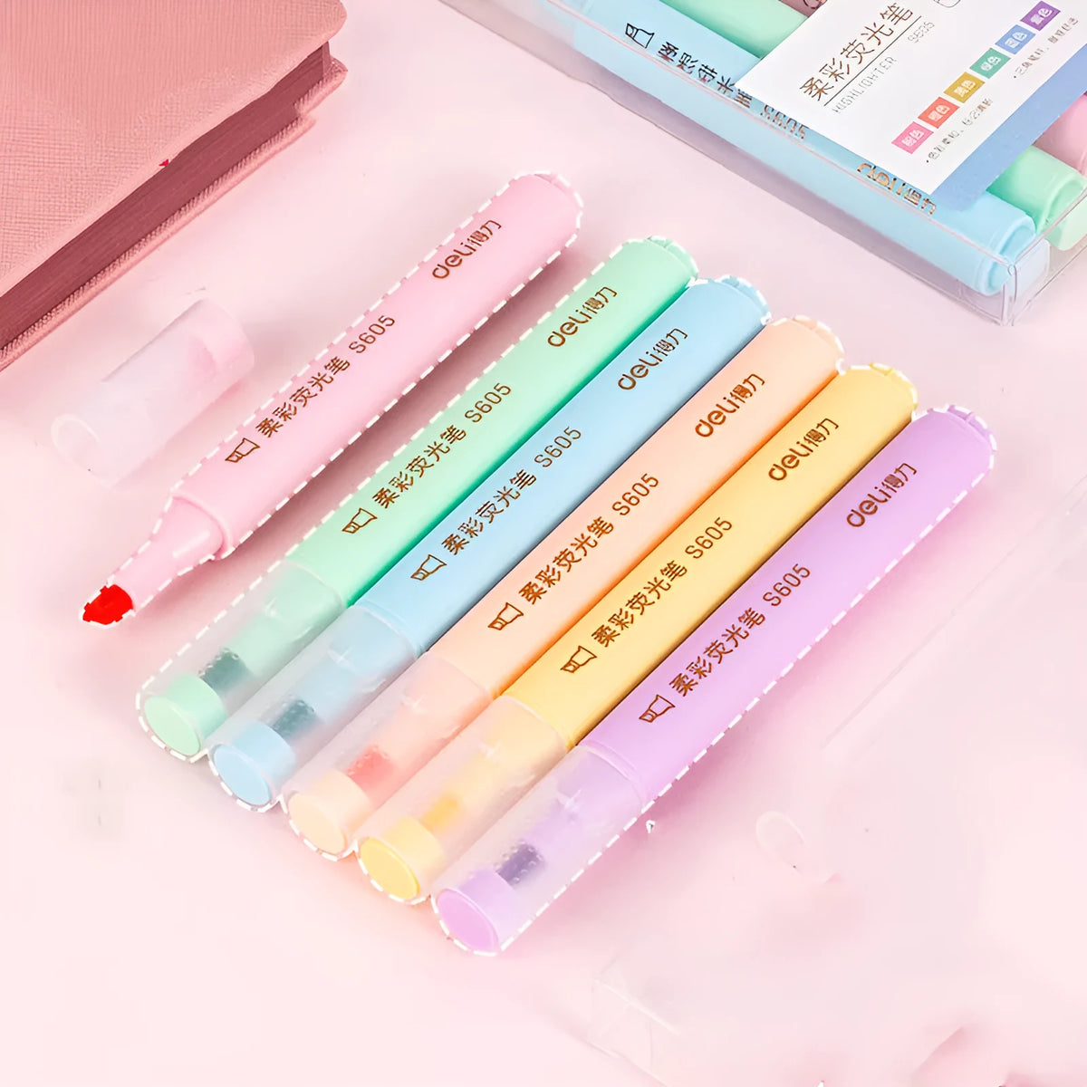 Deli S605 oblique nib highlighter pen set in macaron pastel colours with solid and transparent penholders