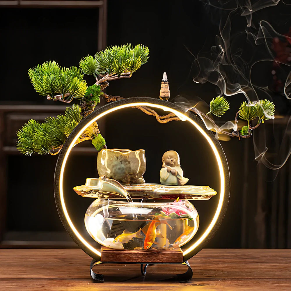 Ceramic water fountain fish tank lamp with stone mill design and integrated LED lighting