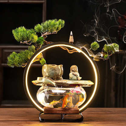 Ceramic water fountain fish tank lamp with stone mill design and integrated LED lighting
