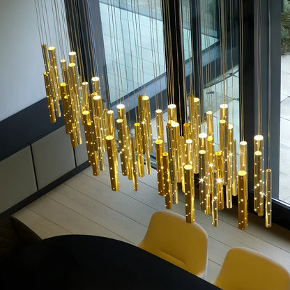 Carved hollow tube bar chandelier with six LED heads in aluminium alloy construction measuring 120cm length