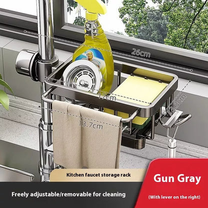 Aluminum sink faucet storage rack with rotatable design and towel hook