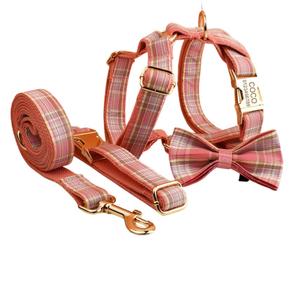 Plaid cloth dog collar and leash set with bow and vest for special occasions