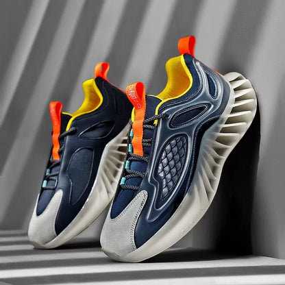 Large size blade men's running shoes with hollow out design in white, black, and blue orange