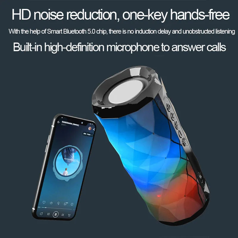 Portable Bluetooth speaker with dual 5W drivers, LED light, available in blue, green, grey and red.
