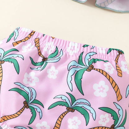 White children's two-piece polyester swimsuit set with a top and shorts on a hanger.