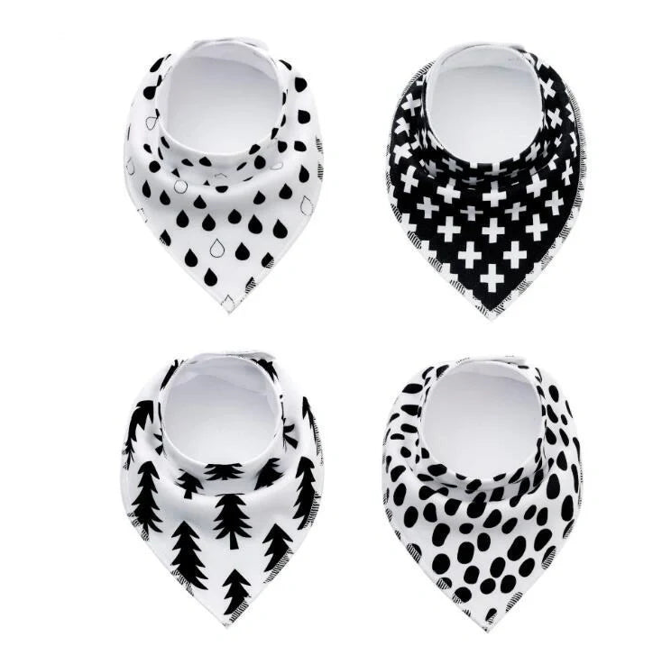 Stylish baby bibs and burp cloths featuring trendy arrow, wave, and triangle designs in soft, absorbent cotton