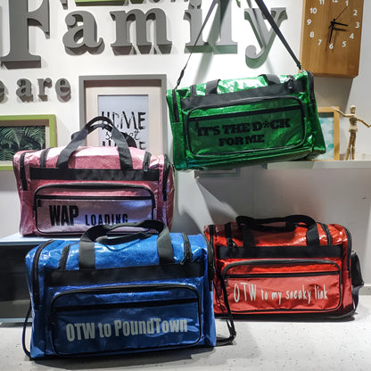 Large silver PU leather sports handbag with letter detailing, showing internal compartments.