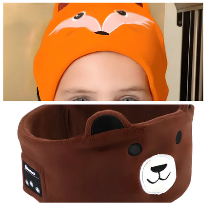 Bluetooth animal headband sleep mask with dinosaur hood showing integrated speakers and wireless design