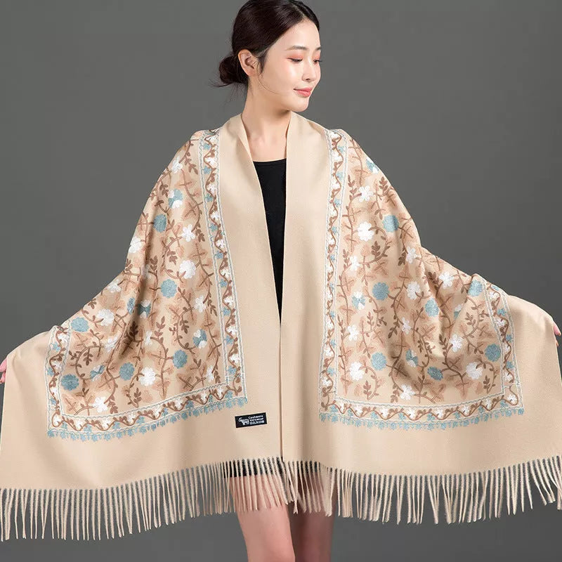Embroidered shawl with thick fringed edges in various colors