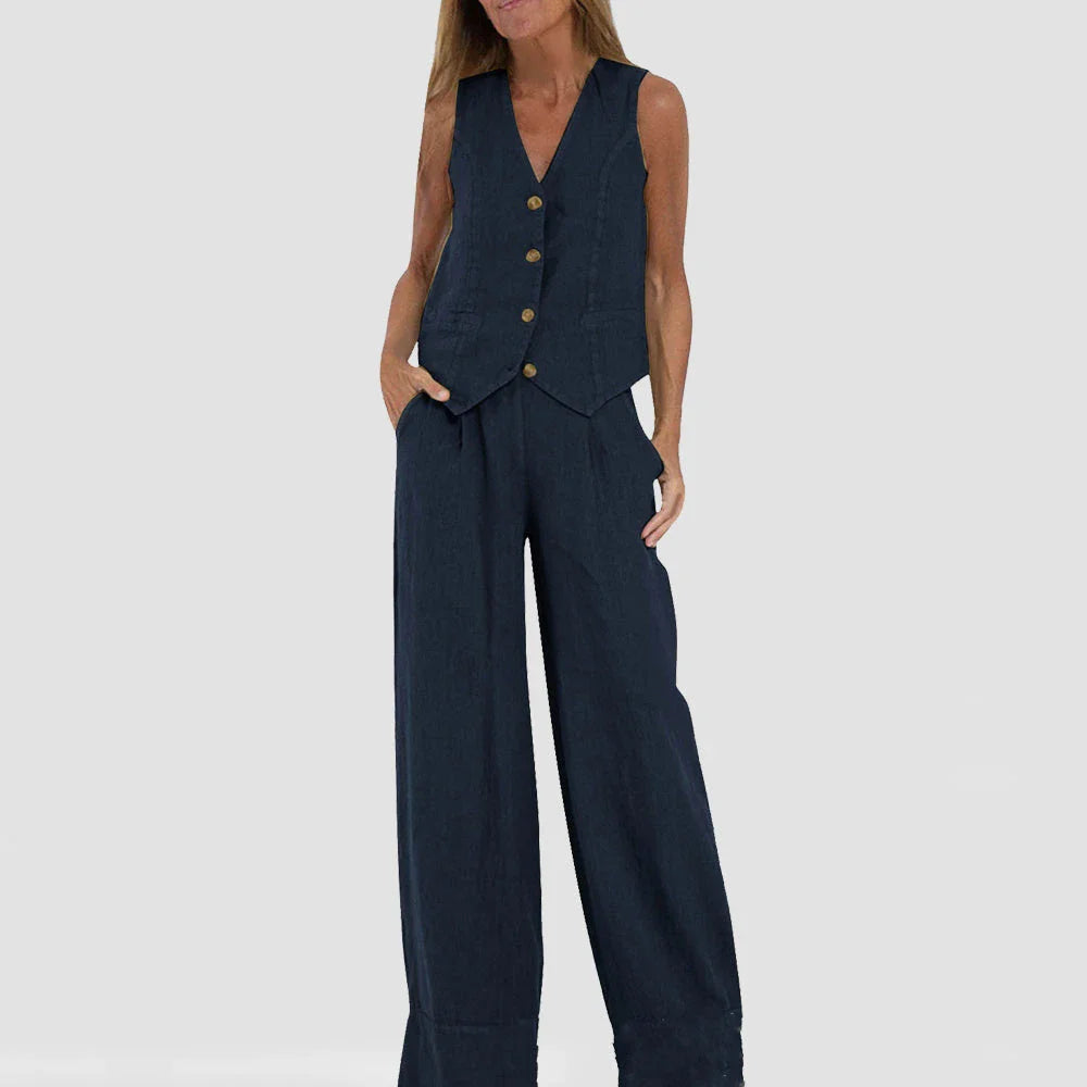 Stylish women's summer vest outfit with V-neck, sleeveless top, and loose straight trousers in a variety of colors