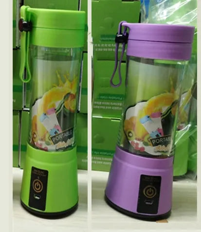 Portable USB rechargeable blender with pink colour option showing cup and six-blade design