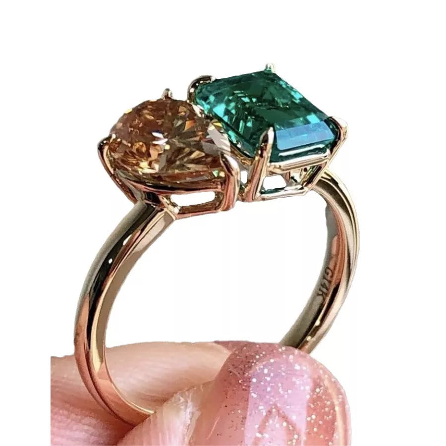 Gold double stone green yellow zircon square ring for women