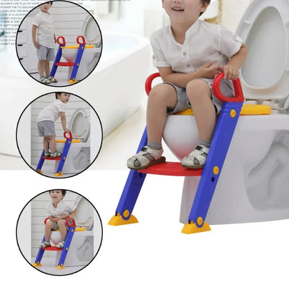 Purple, red and yellow adjustable baby potty training toilet ladder with double handrails folded to 51x7x37cm