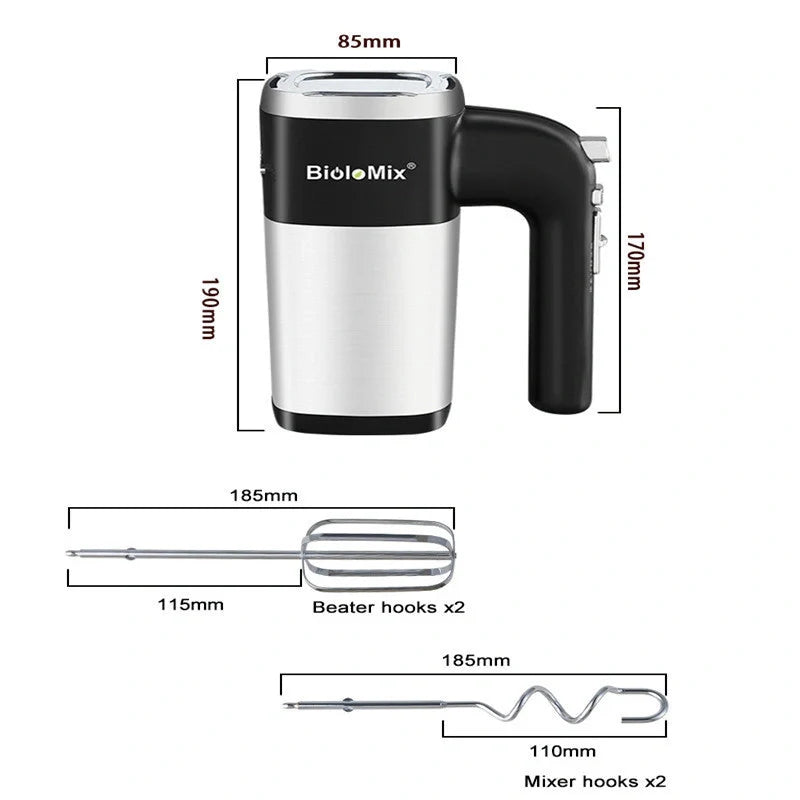 500W high power electric food mixer with mixer and beater hooks on white background