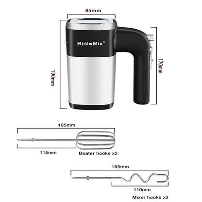 500W high power electric food mixer with mixer and beater hooks on white background