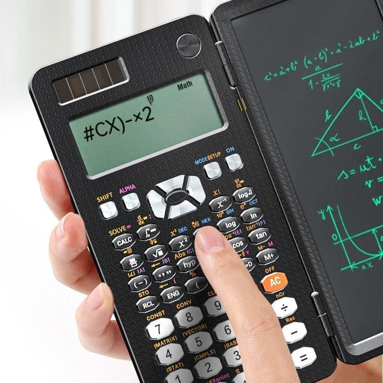 Ergonomic 2-in-1 scientific calculator with foldable writing pad, blue LCD screen, and compact design