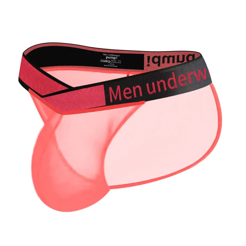 Men's black ice silk briefs with low waist and large V gradient high fork design on a white background