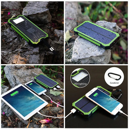 Orange portable solar power bank with USB port and solar panel, showing dimensions of 161x79x17mm.