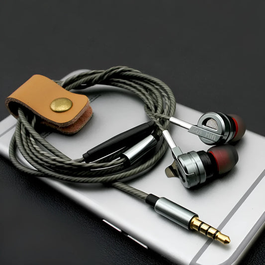 Black and silver metal in-ear headphones with tangle-free cable and inline microphone remote.