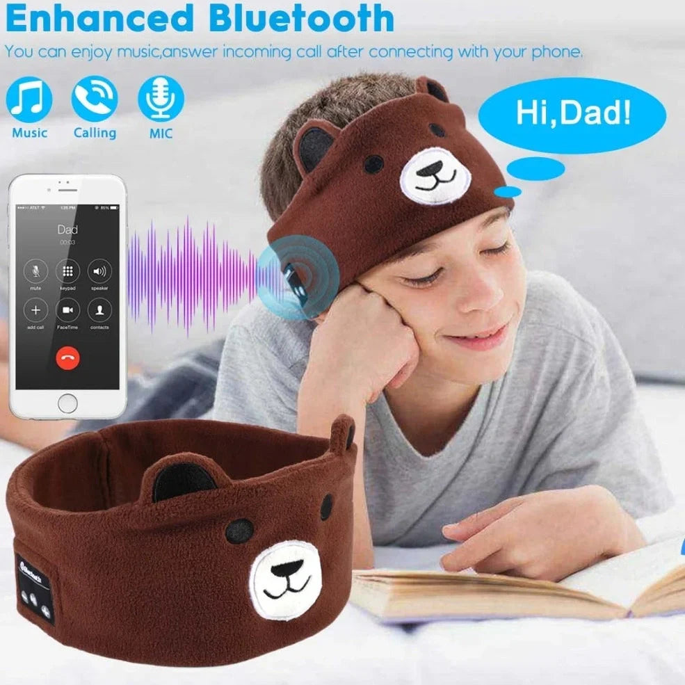 Bluetooth animal headband sleep mask with dinosaur hood showing integrated speakers and wireless design