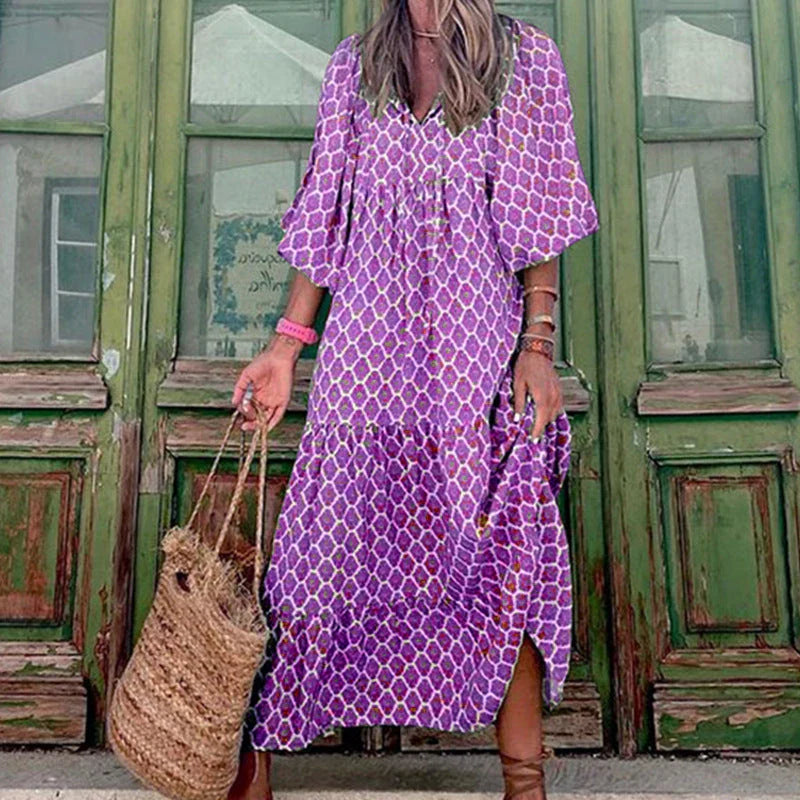 Elegant boho-chic summer dress with floral print in various color options