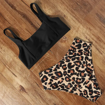 Women's leopard print high waist bikini swimsuit set on a mannequin, showing bra and briefs.