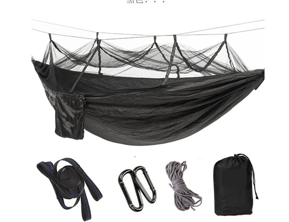 Lightweight and portable parachute hammock with mosquito net for outdoor relaxation