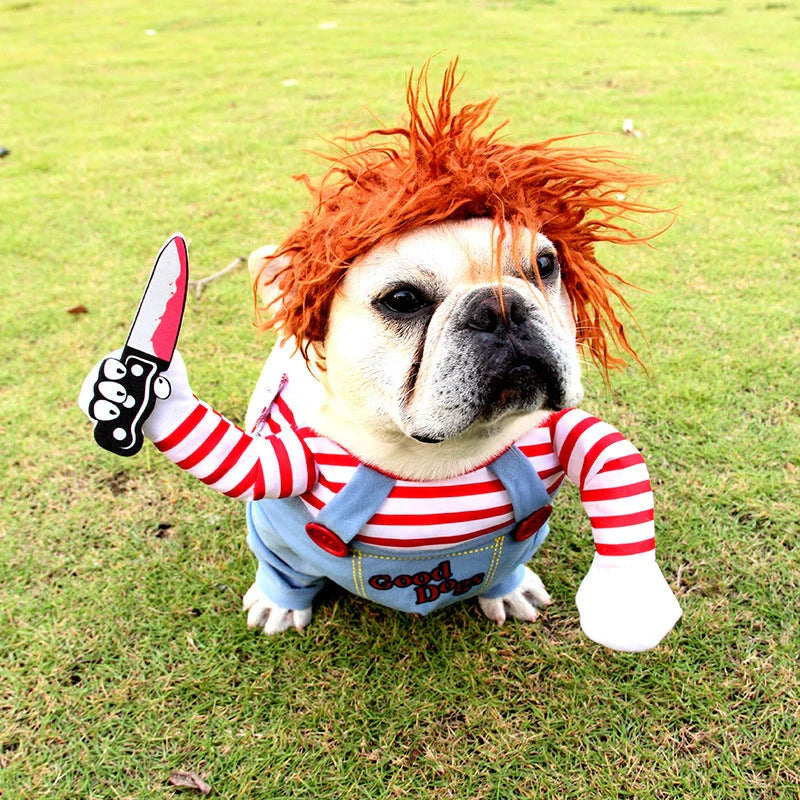 Adjustable polyester pet costume with wig and foam knife accessories, perfect for Halloween celebrations with your furry friend