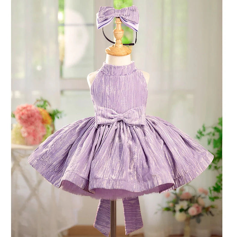 Girls' dreamy purple velvet princess dress showing princess silhouette and velvet texture