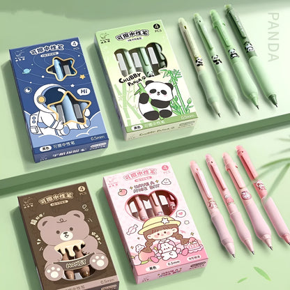 Cartoon-themed erasable gel pen with 0.5mm tip and press-action button.