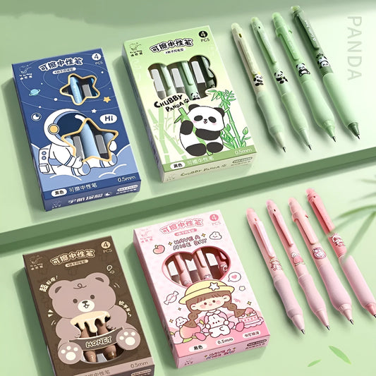 Cartoon-themed erasable gel pen with 0.5mm tip and press-action button.