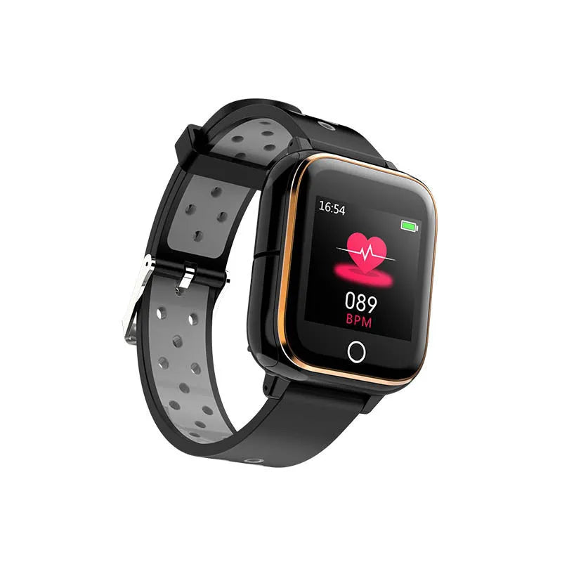 Black smartwatch with integrated Bluetooth earbuds showing a 1.4-inch display with fitness metrics.