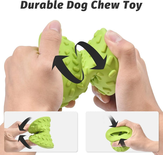 Blue interactive treat dispensing dog bone toy for aggressive chewers with hollow centre and natural rubber material