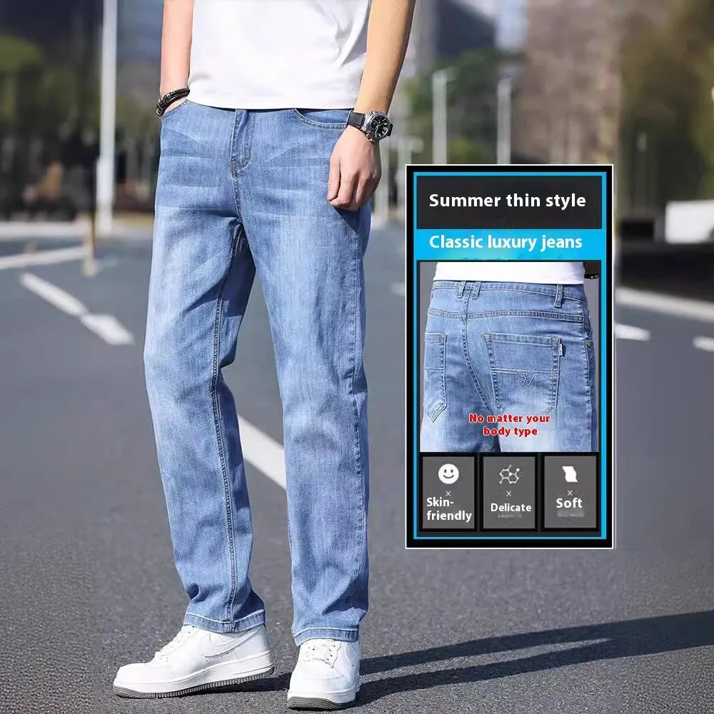 Men's tapered trousers in stretch cotton denim fabric for business casual wear