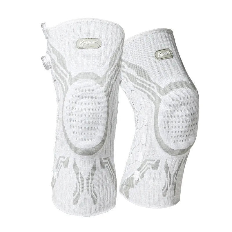 Grey-white sports knee pads showing single-sided left and right foot designs for basketball football running